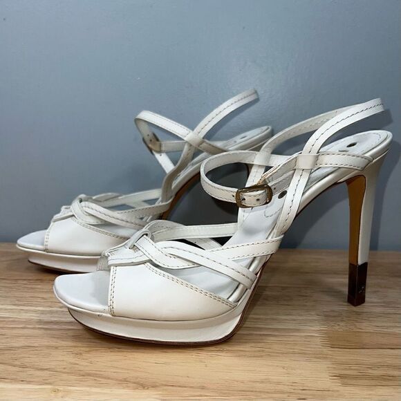 Celine, White Stiletto High Heeled Strappy Sandal Pumps Ankle Buckle Women’s 9.5 - Picture 2 of 9